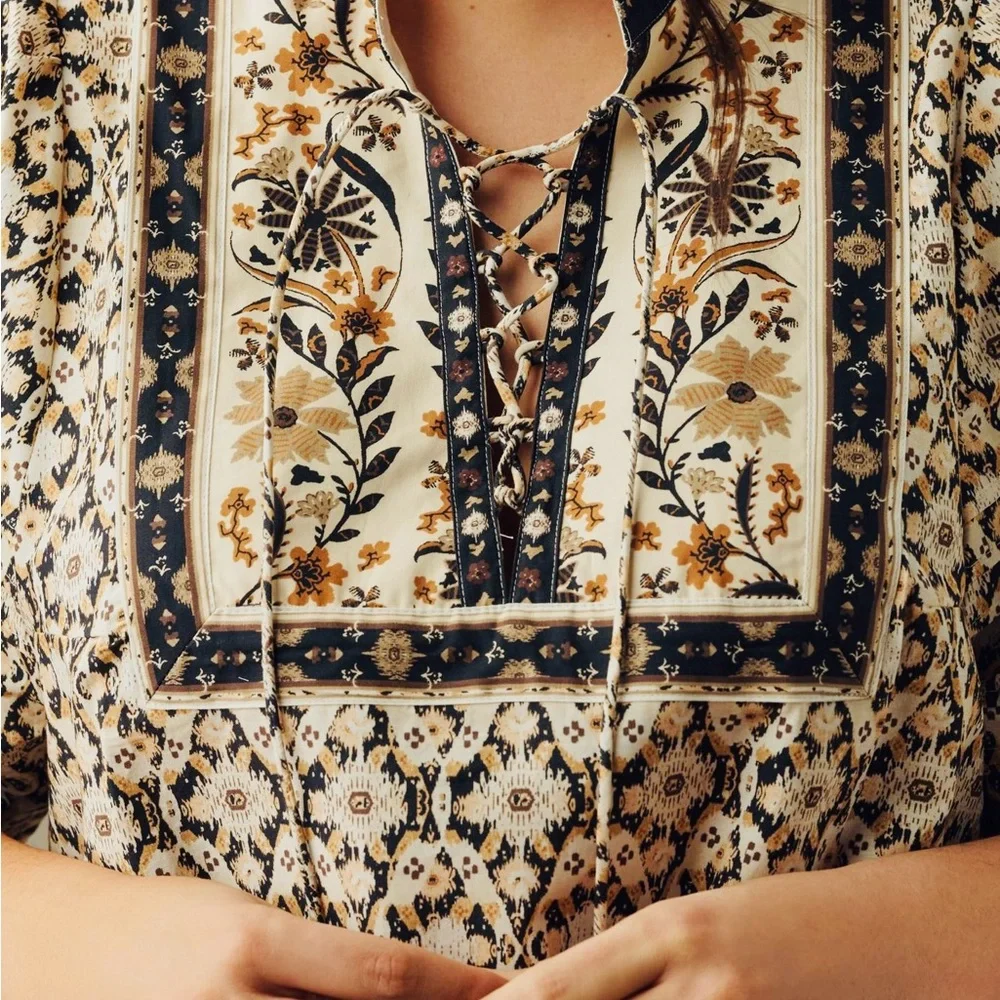 Anthropologie Pleated Puff-Sleeve Blouse Boho Peasant Top - Size Medium